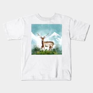 Deer Snow Winter Watercolor Kids T-Shirt